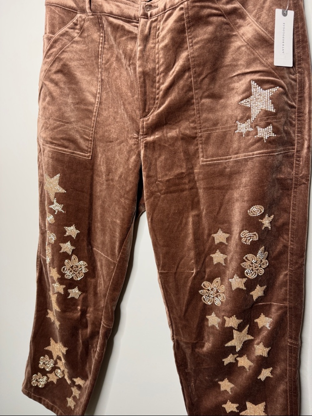 Pilcro Velvet Embroidered Beaded Star & Flower Barrel Pants Western Boho Size 32 - Picture 2 of 10